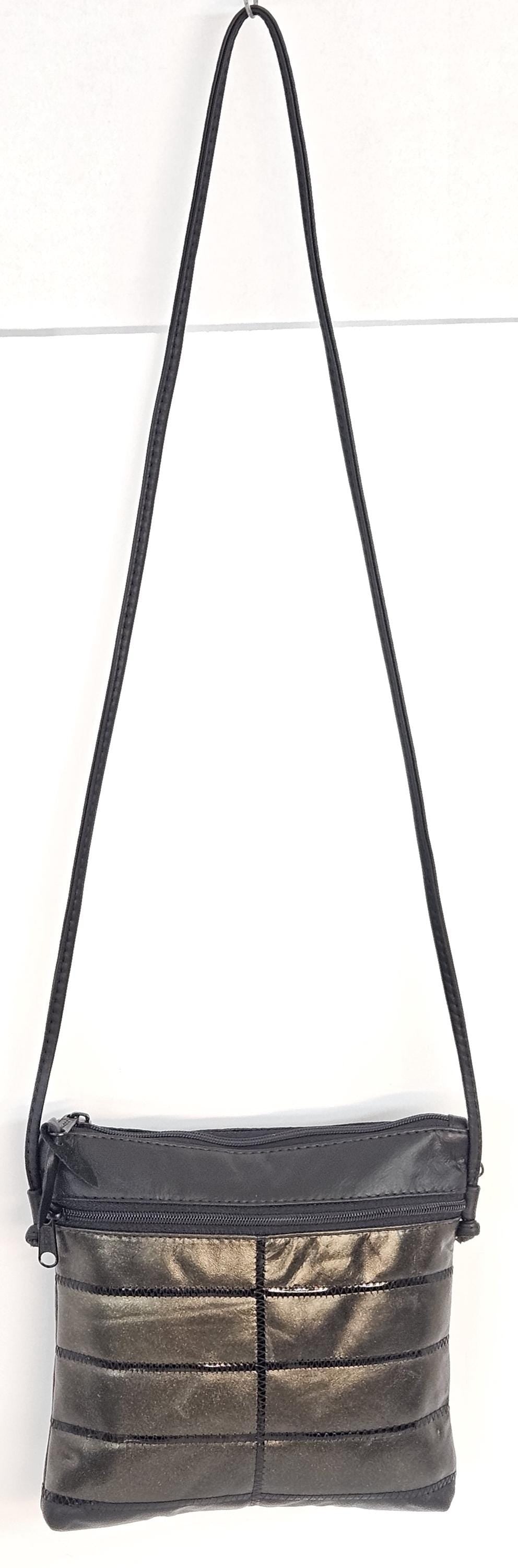 Black Pewter Metallic Leather Crossbody Bag - USA Made