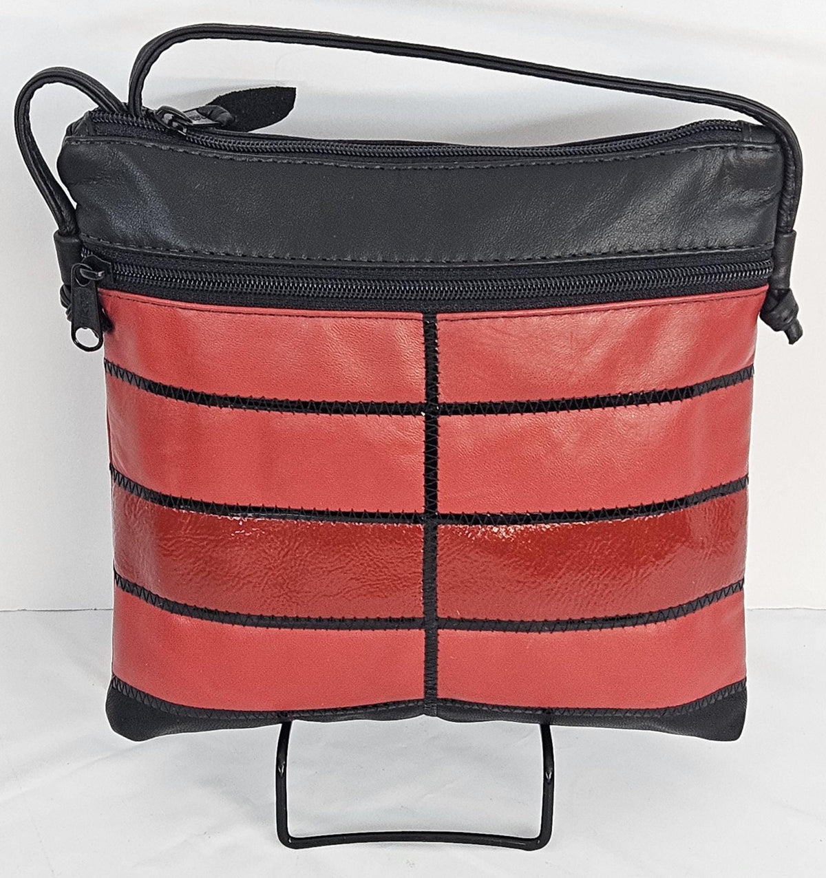 Red & Black Leather Crossbody Bag: Zigzag Design, Made in USA