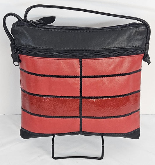 Red & Black Leather Crossbody Bag: Zigzag Design, Made in USA