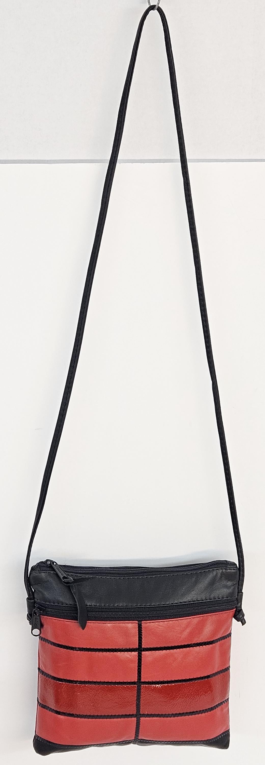 Red & Black Leather Crossbody Bag: Zigzag Design, Made in USA