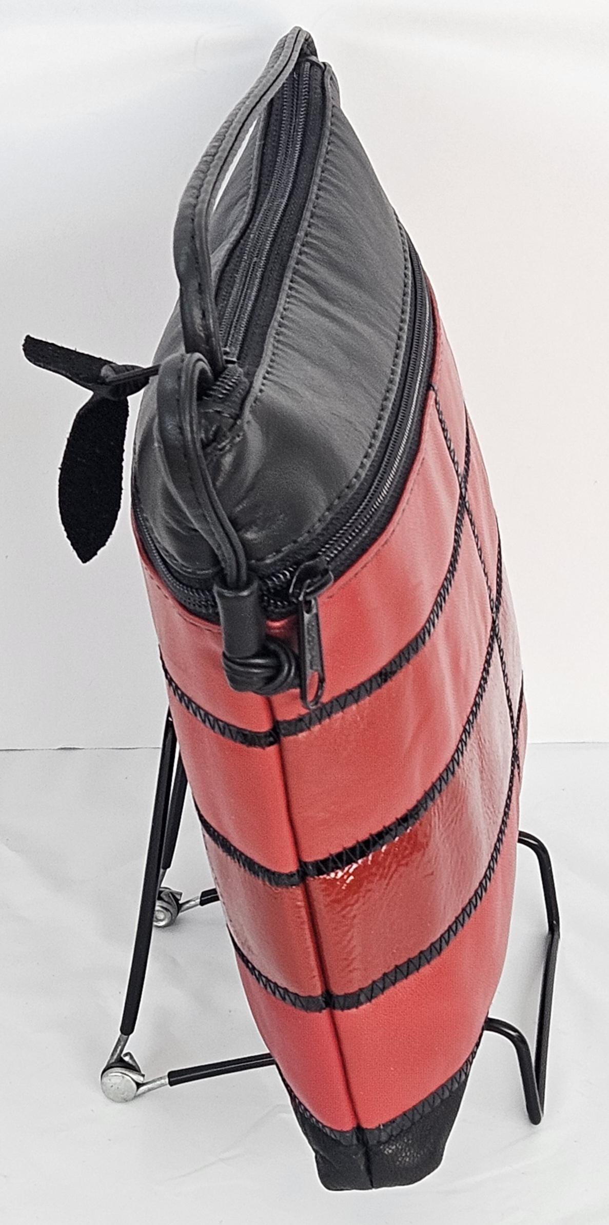 Red & Black Leather Crossbody Bag: Zigzag Design, Made in USA