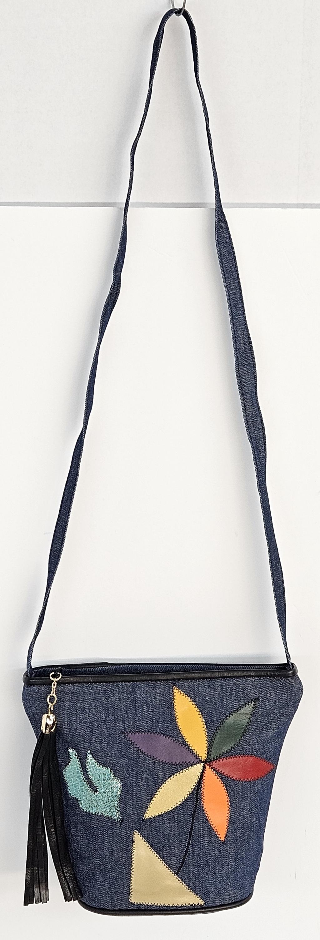 Denim Handbag with Leather Flower Applique - Made in USA