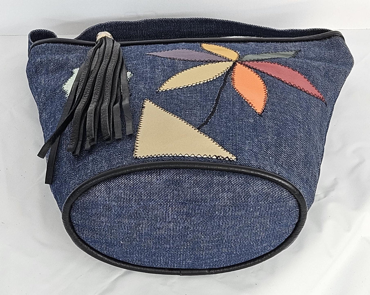 Denim Handbag with Leather Flower Applique - Made in USA