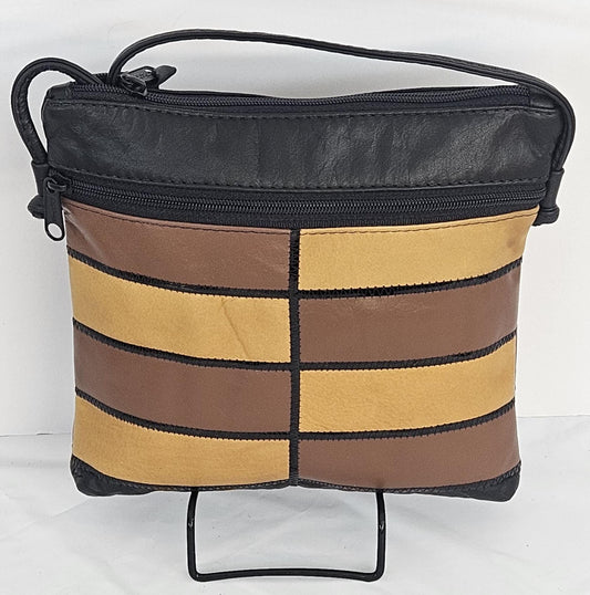 Black with Brown and yellow Genuine leather Zigzag work Handbag.Universal use     #Tr305-2Bbyz.Design for you.Made in USA