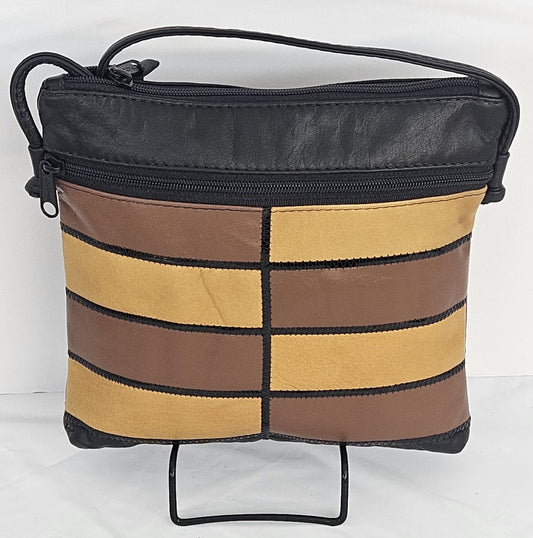 Genuine Leather Crossbody Handbag: Black, Brown & Yellow Zigzag Design - Made in USA