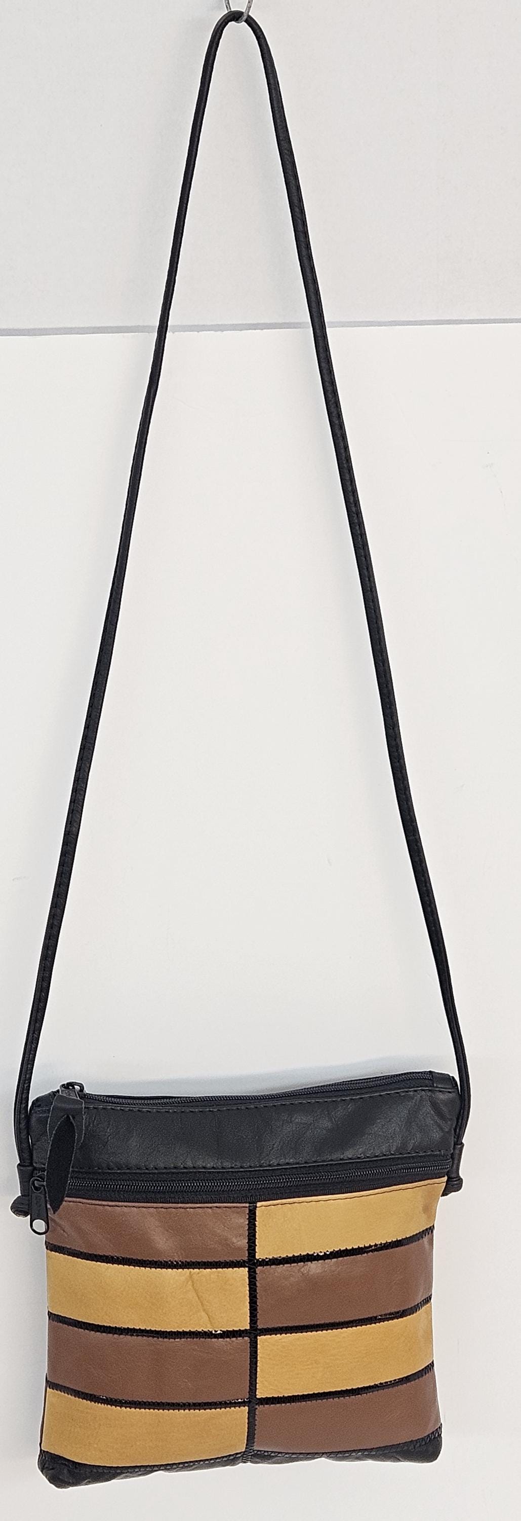 Genuine Leather Crossbody Handbag: Black, Brown & Yellow Zigzag Design - Made in USA