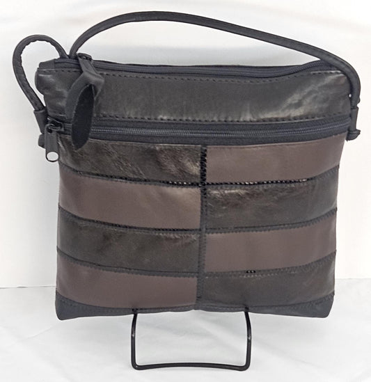 Genuine Leather Crossbody Handbag: Black & Brown Zigzag Design, Made in USA