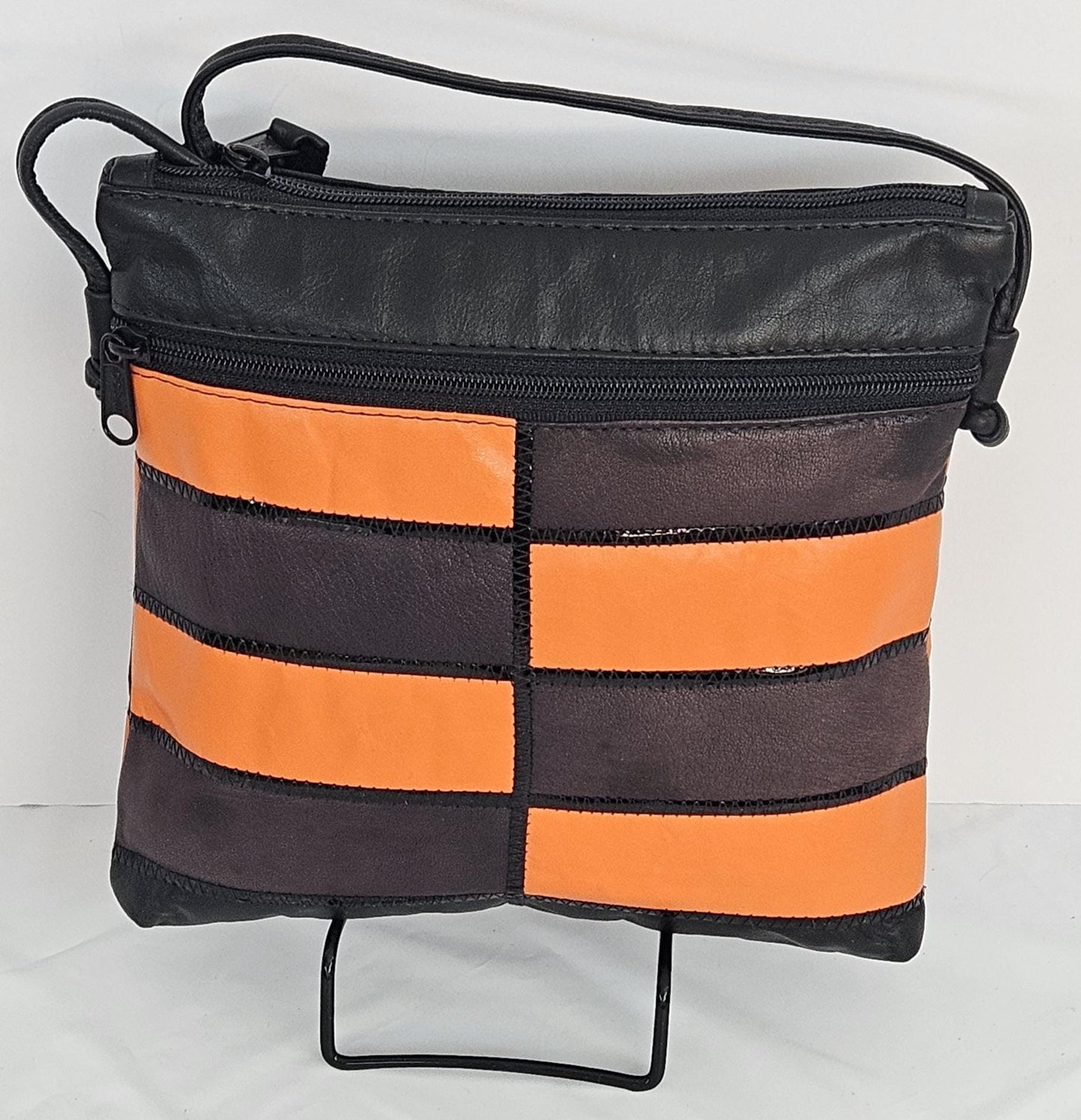 Zigzag Leather Crossbody Bag: Black, Orange & Brown - Made in USA