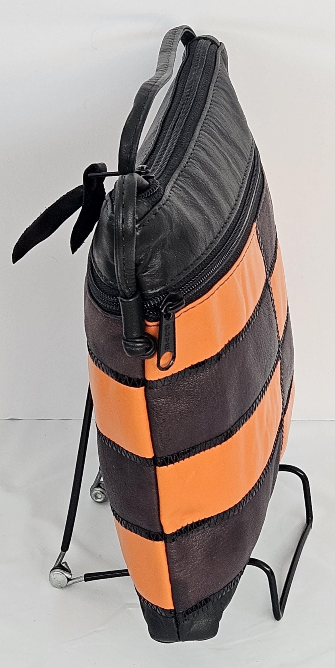 Zigzag Leather Crossbody Bag: Black, Orange & Brown - Made in USA
