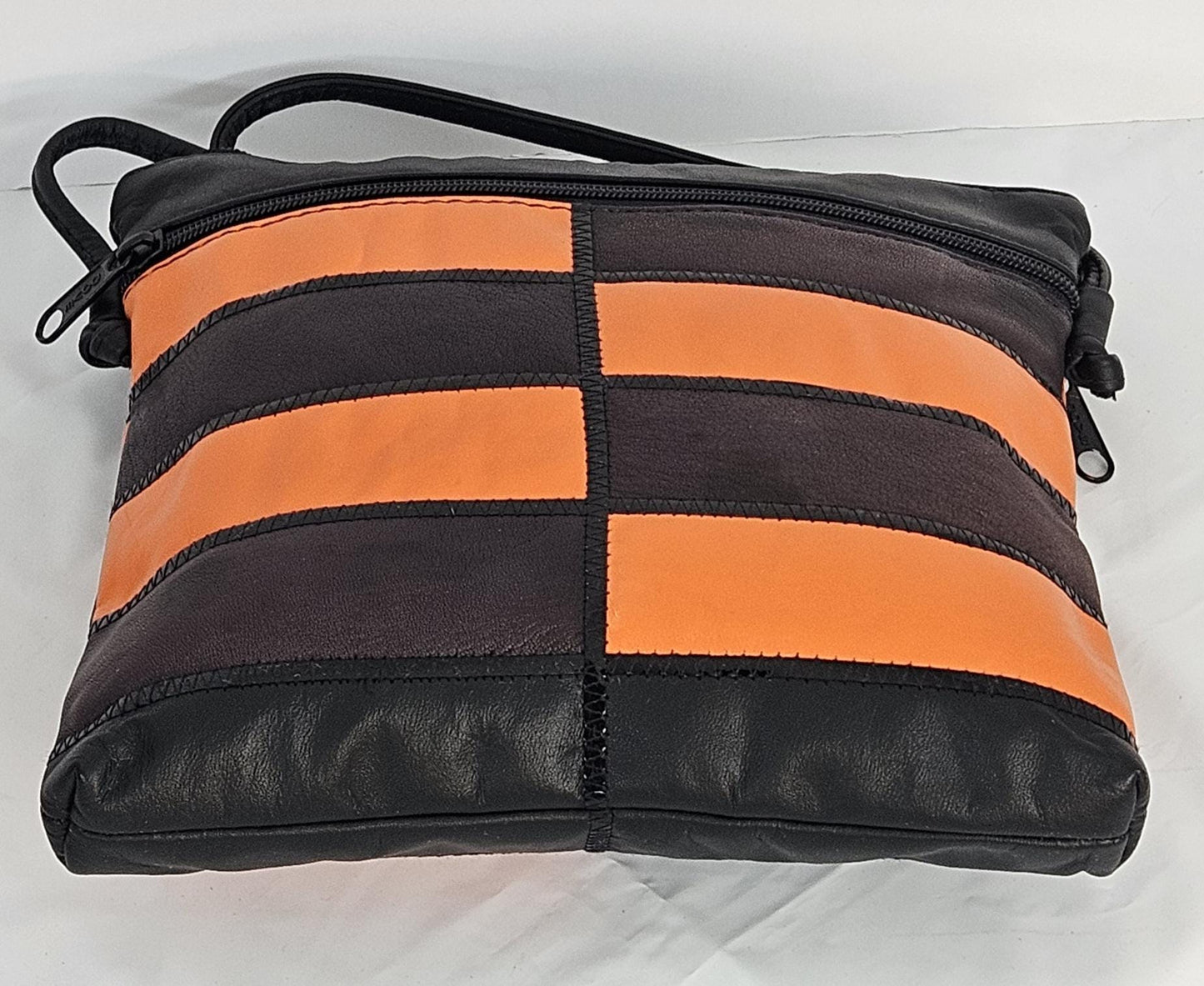 Zigzag Leather Crossbody Bag: Black, Orange & Brown - Made in USA