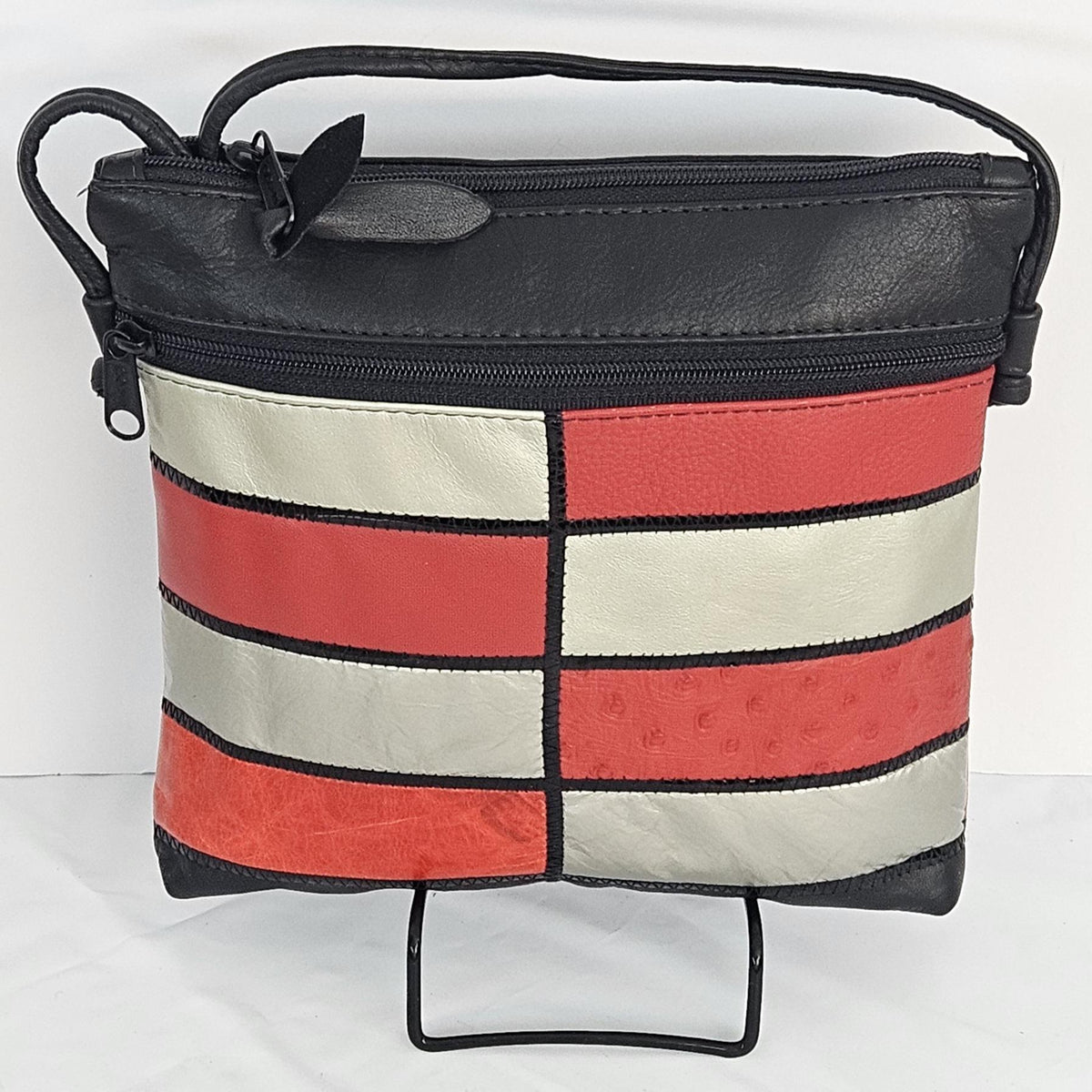 Genuine Leather Crossbody Handbag: Black, Gray & Red Zigzag Design - Made in USA