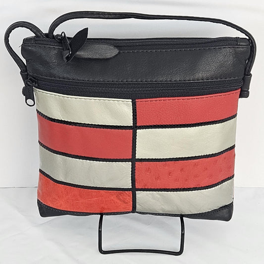 Genuine Leather Crossbody Handbag: Black, Gray & Red Zigzag Design - Made in USA