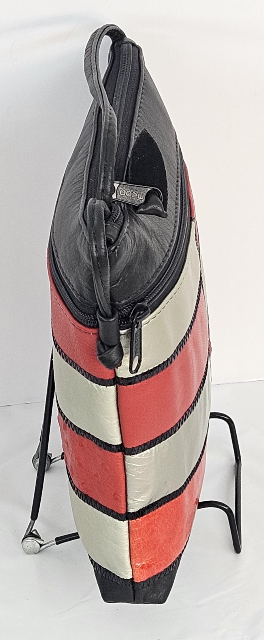 Genuine Leather Crossbody Handbag: Black, Gray & Red Zigzag Design - Made in USA