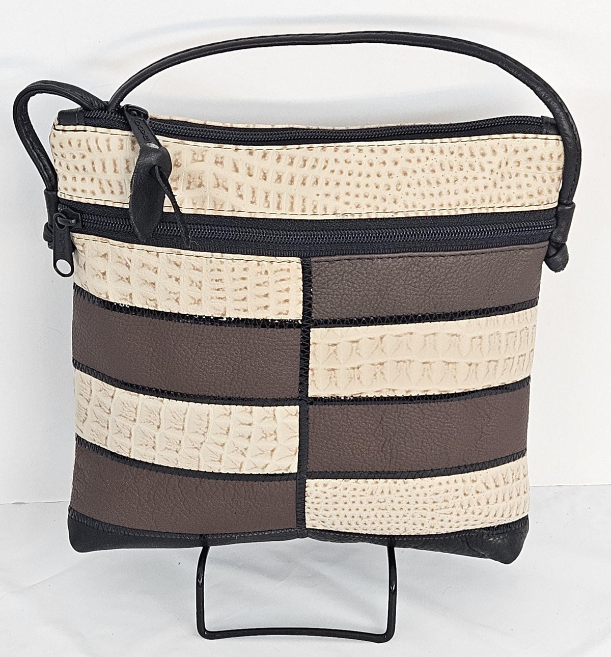 Genuine Leather Crossbody Handbag: Black, Beige & Brown Zigzag Design - Made in USA