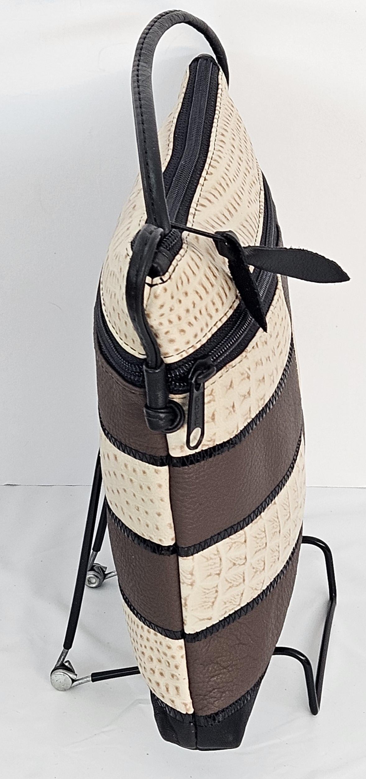 Genuine Leather Crossbody Handbag: Black, Beige & Brown Zigzag Design - Made in USA