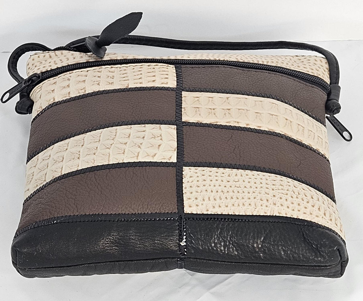 Genuine Leather Crossbody Handbag: Black, Beige & Brown Zigzag Design - Made in USA