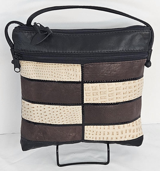 Black with Beige print and brown Genuine leather Zigzag work Handbag.Universal use     #Tr305-2Bbpbz.Design for you.Made in USA