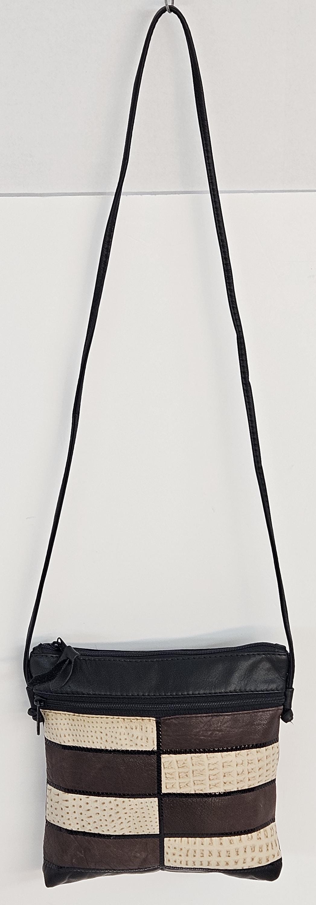 Leather Crossbody Handbag: Black, Beige & Brown Zigzag Design (Made in USA)