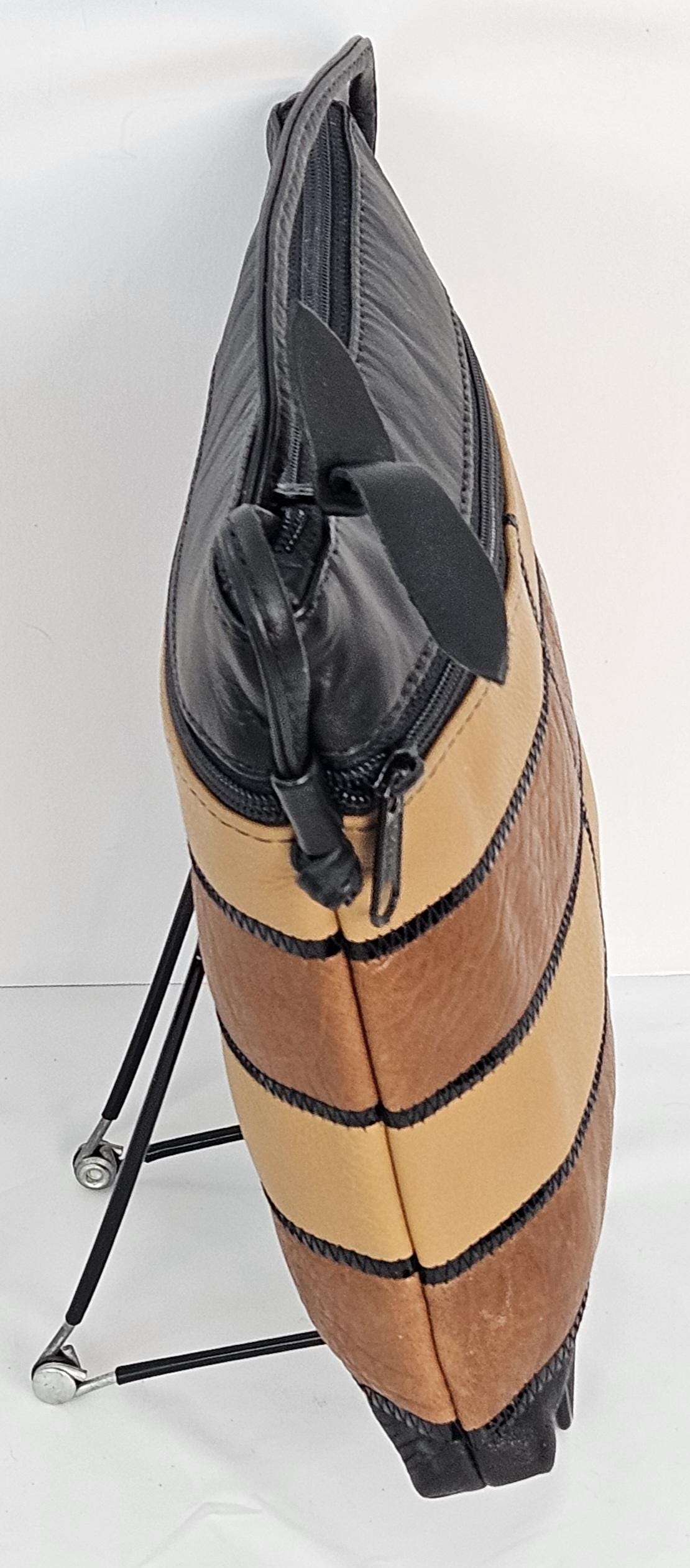 Genuine Leather Crossbody Handbag: Black, Camel & Brown Zigzag Design