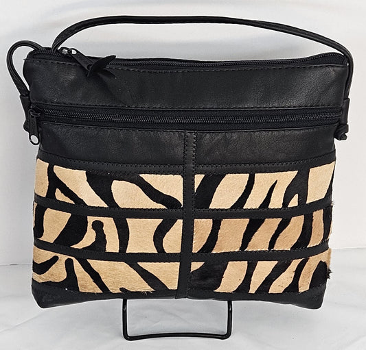 Black Leather Patchwork Crossbody Purse: Zebra Stripe Bag, Made in USA
