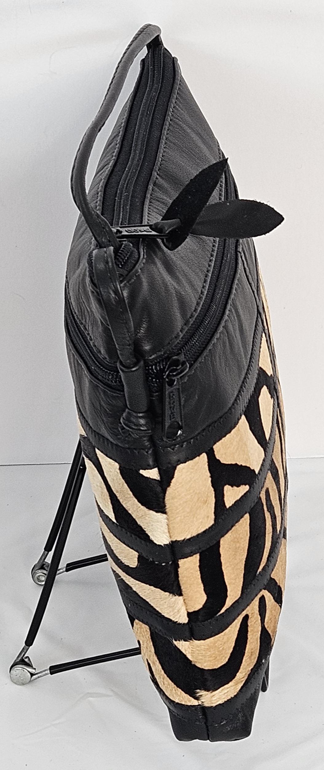 Black Leather Patchwork Crossbody Purse: Zebra Stripe Bag, Made in USA