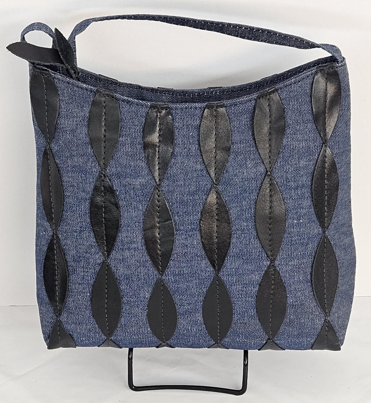 Blue Denim with black leafs stripes Genuine Leather Handbag.#Tr306Dbls,Gift for Mom,her,girls. Universal Use. Made in USA