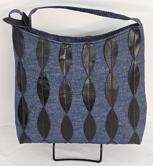 Blue Denim with black leafs stripes Genuine Leather Handbag.#Tr306Dbls,Gift for Mom,her,girls. Universal Use. Made in USA