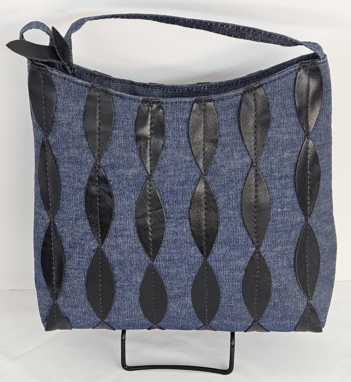 Denim Handbag: Black Leaf Leather Applique, Made in USA