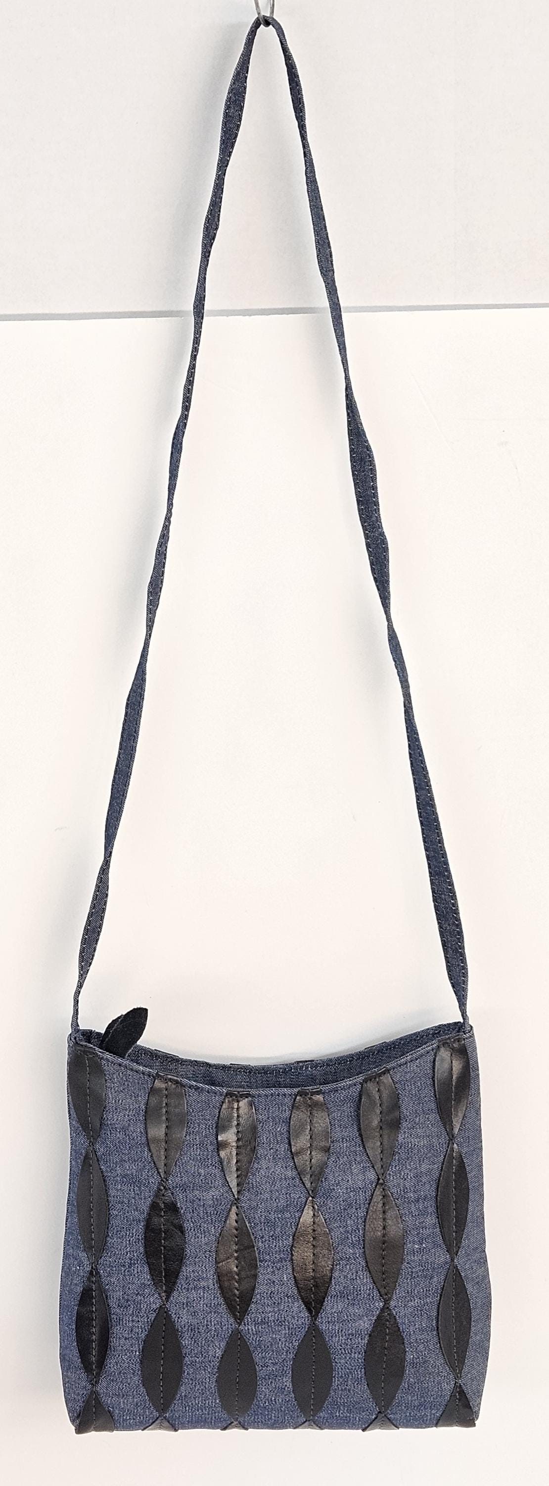 Denim Handbag: Black Leaf Leather Applique, Made in USA