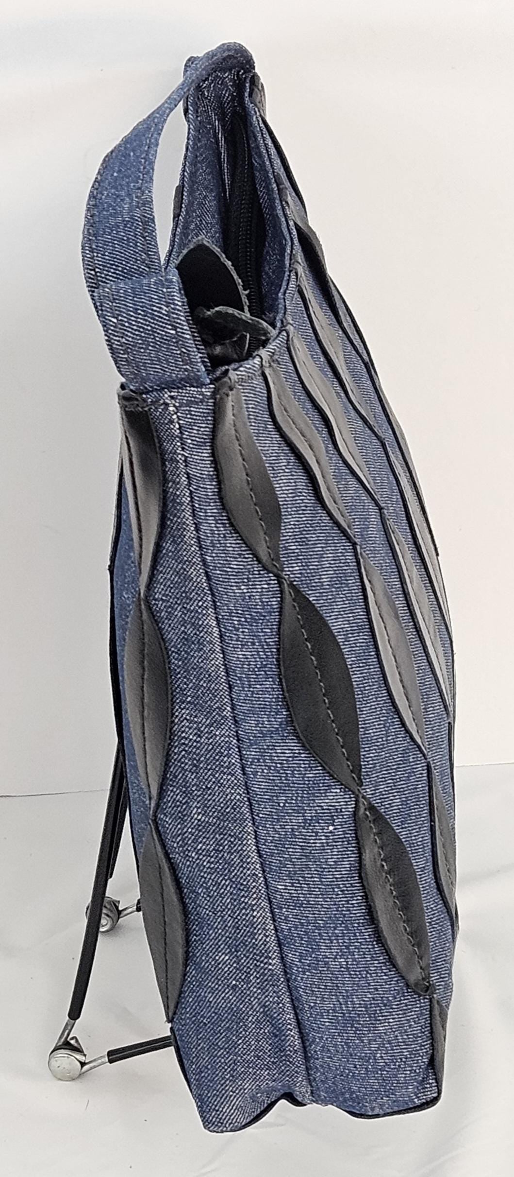 Blue Denim with black leafs stripes Genuine Leather Handbag.#Tr306Dbls,Gift for Mom,her,girls. Universal Use. Made in USA
