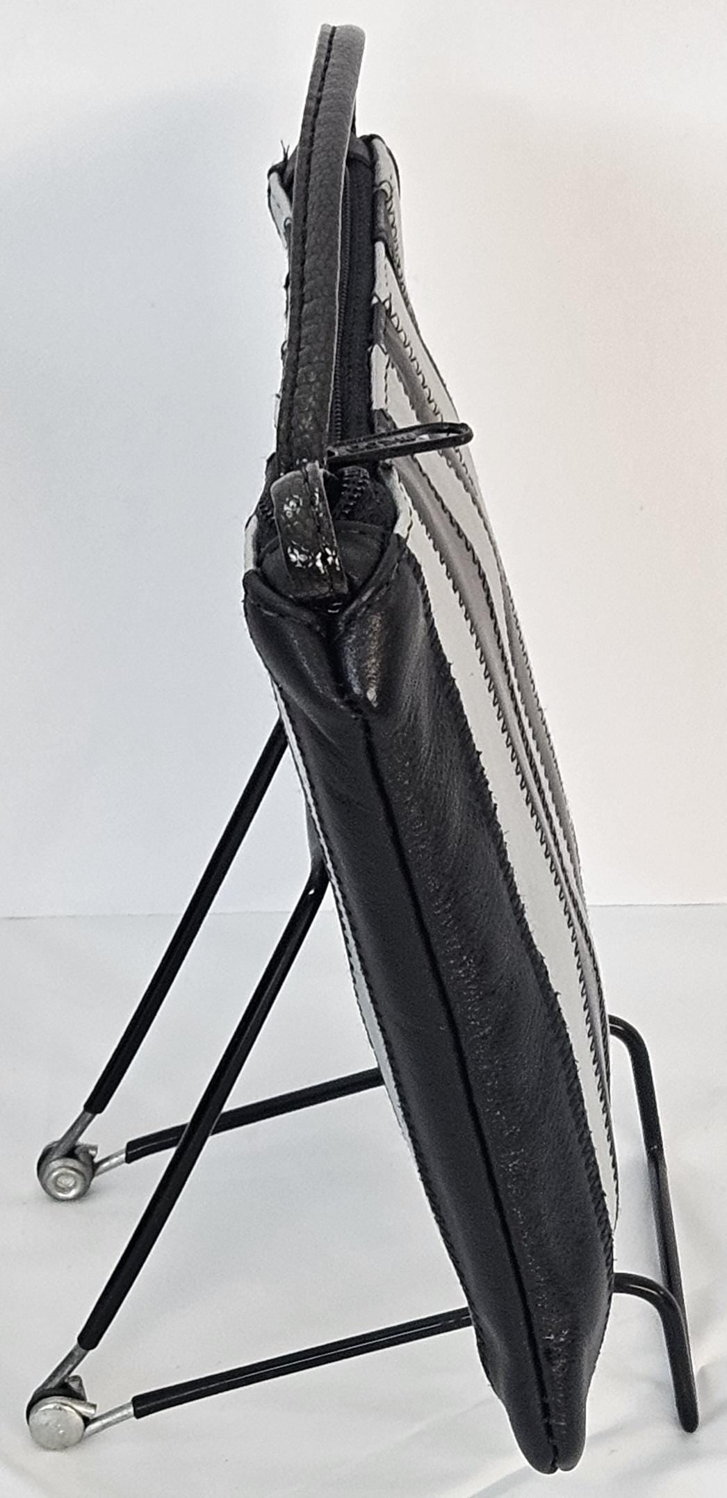 Zigzag Stitch Leather Crossbody Handbag: Black & Grey, Made in USA