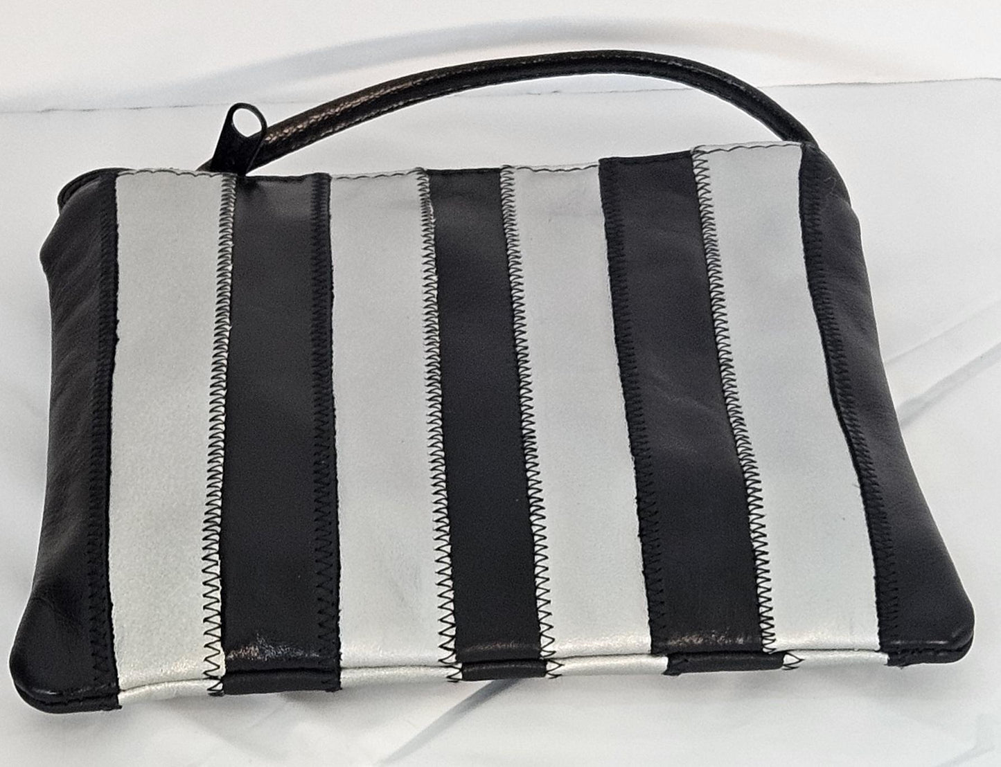 Zigzag Stitch Leather Crossbody Handbag: Black & Grey, Made in USA