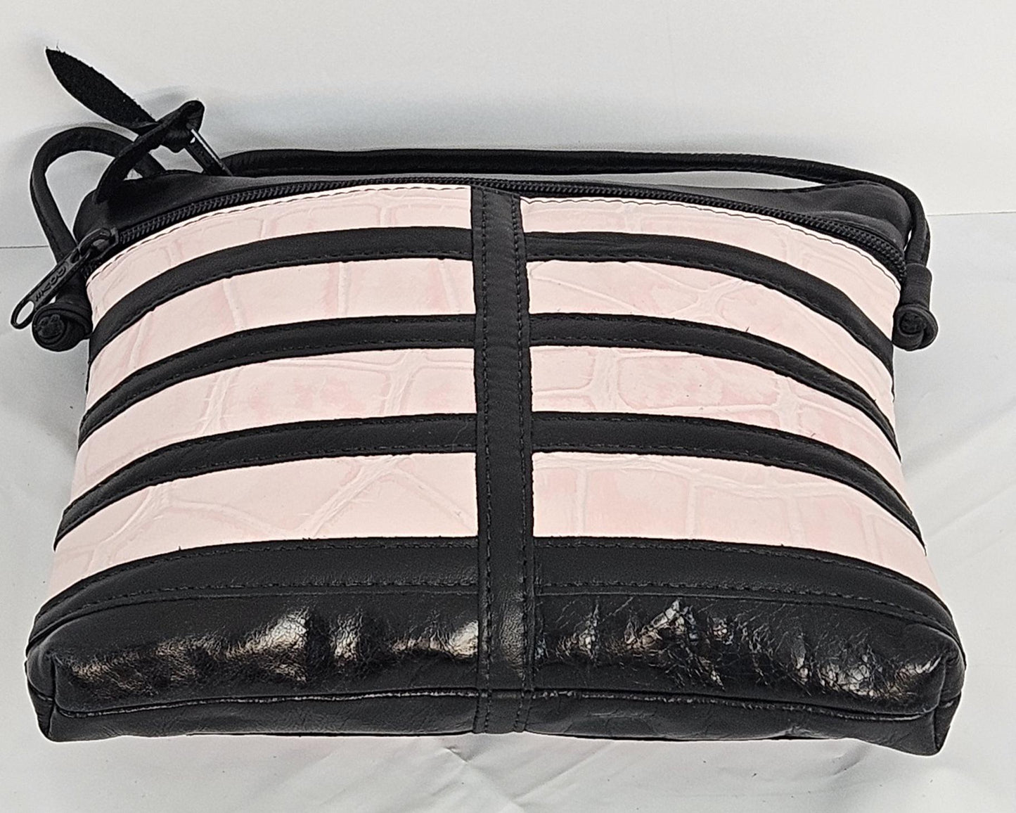 Black Leather Crossbody Bag: Pink Print, USA Made