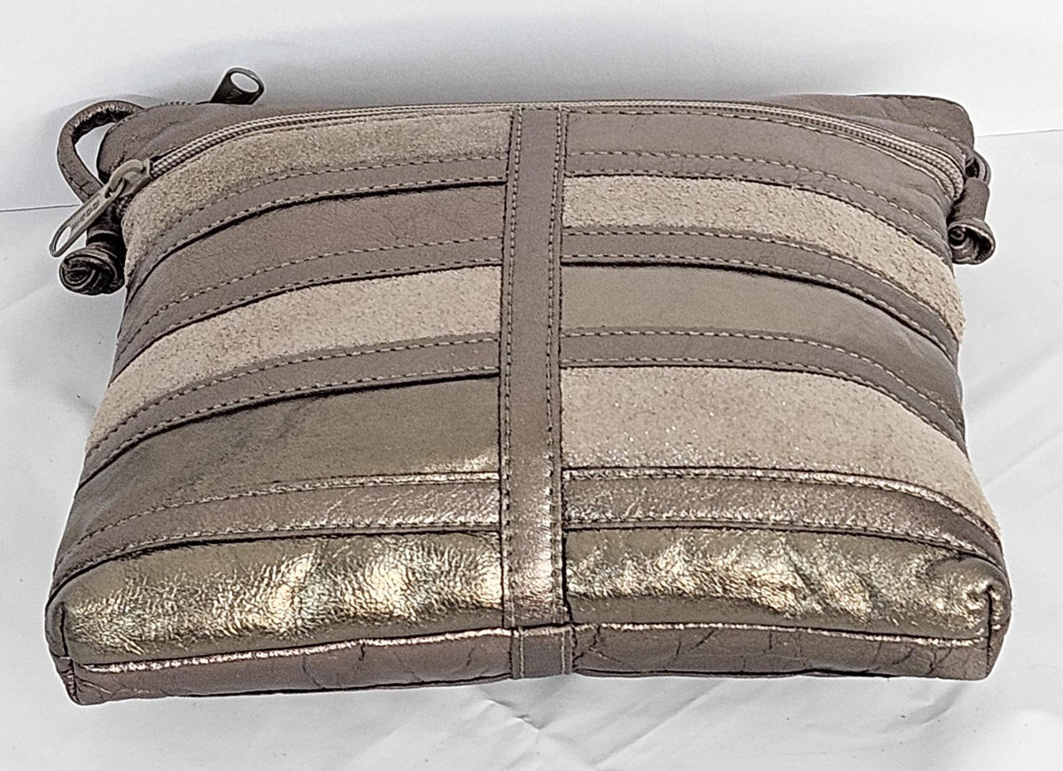 Metallic Leather Patchwork Crossbody Purse - Pewter Glitter, Made in USA