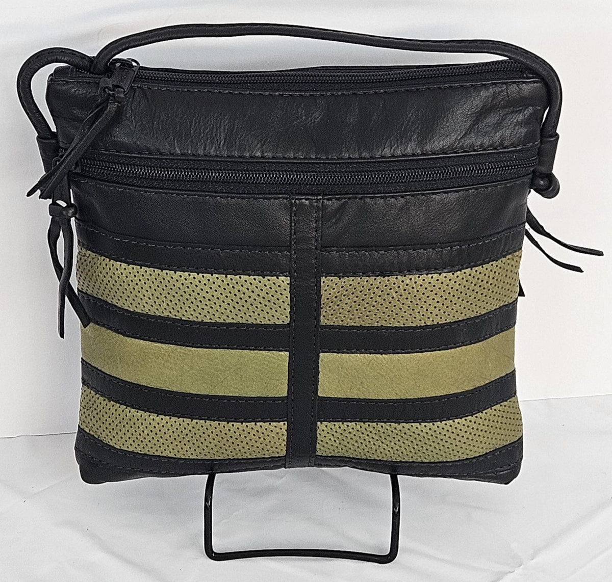 Leather Patchwork Crossbody Purse: Black & Green, Handmade in USA