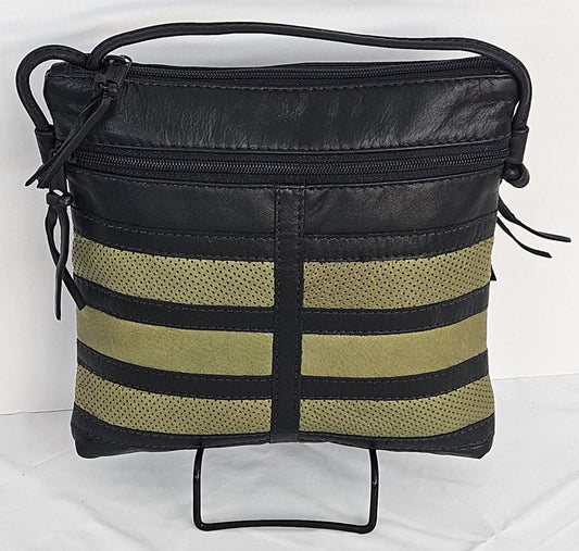 Leather Patchwork Crossbody Purse: Black & Green, Handmade in USA