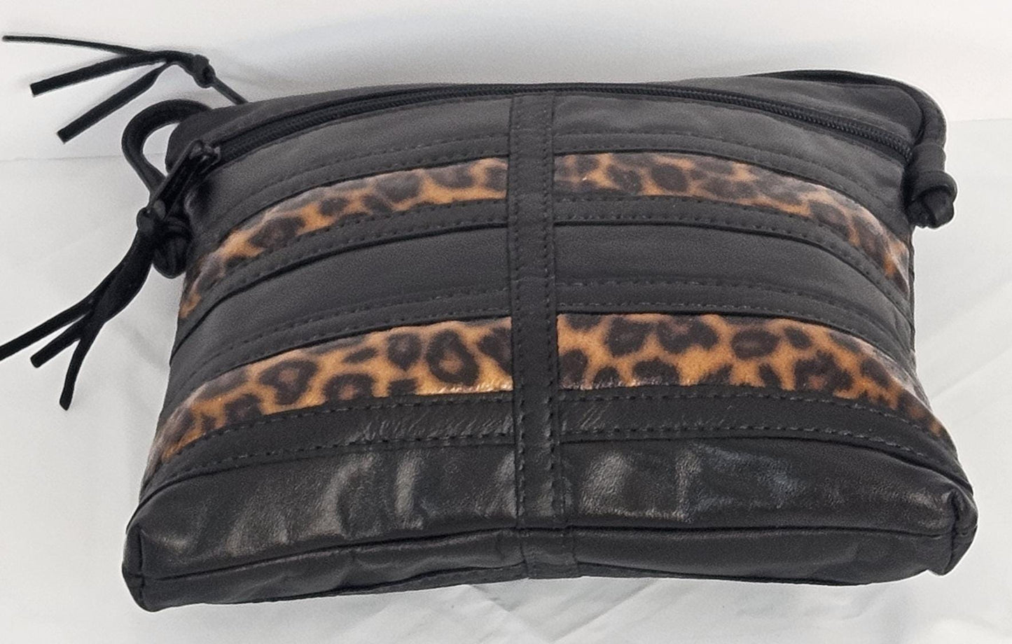 Black Leather Crossbody Bag: Leopard Stripe Patchwork, Made in USA