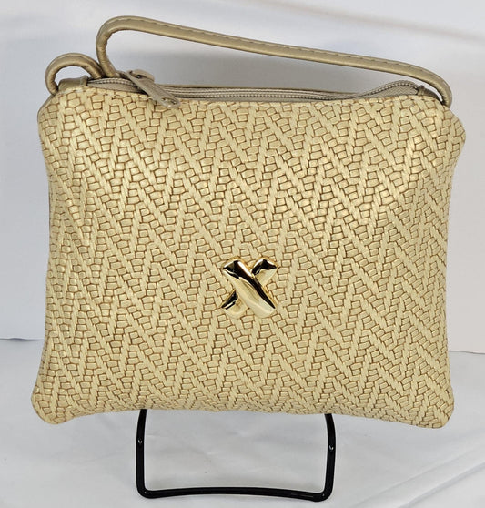 Gold Woven Crossbody Handbag: Genuine Leather Purse, Made in USA