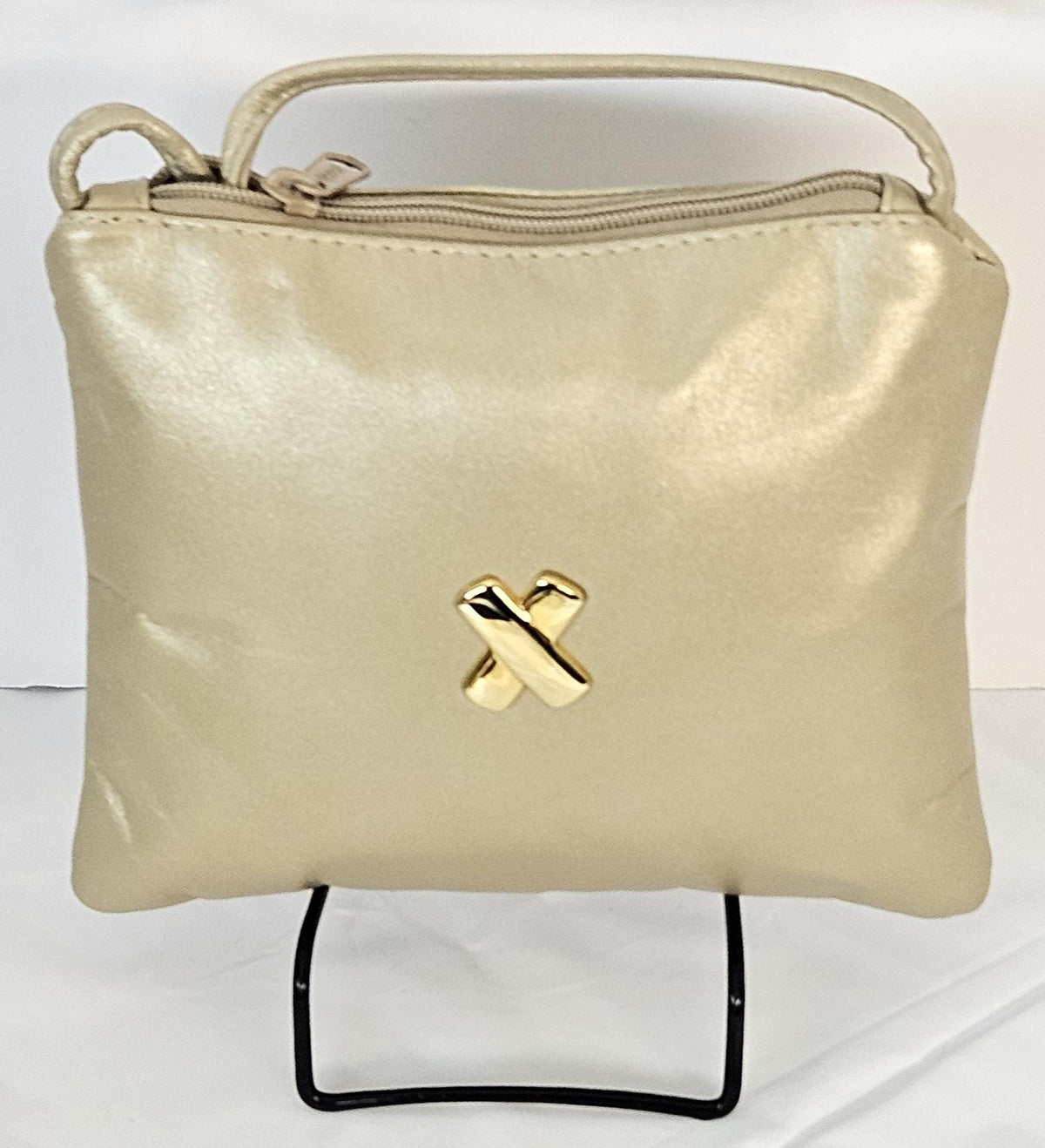 Champagne Genuine Leather Crossbody Handbag with Gold 'X' - Made in USA