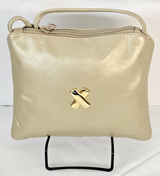 Champagne Genuine Leather Crossbody Handbag with Gold 'X' - Made in USA