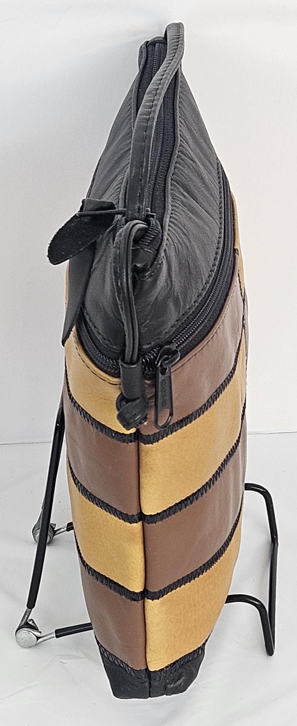 Genuine Leather Crossbody Handbag: Black, Brown & Yellow Zigzag Design - Made in USA
