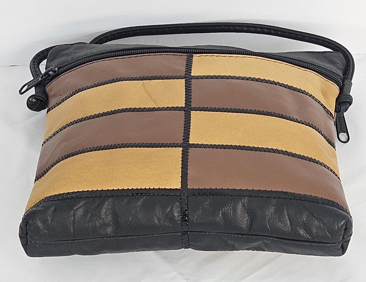 Genuine Leather Crossbody Handbag: Black, Brown & Yellow Zigzag Design - Made in USA