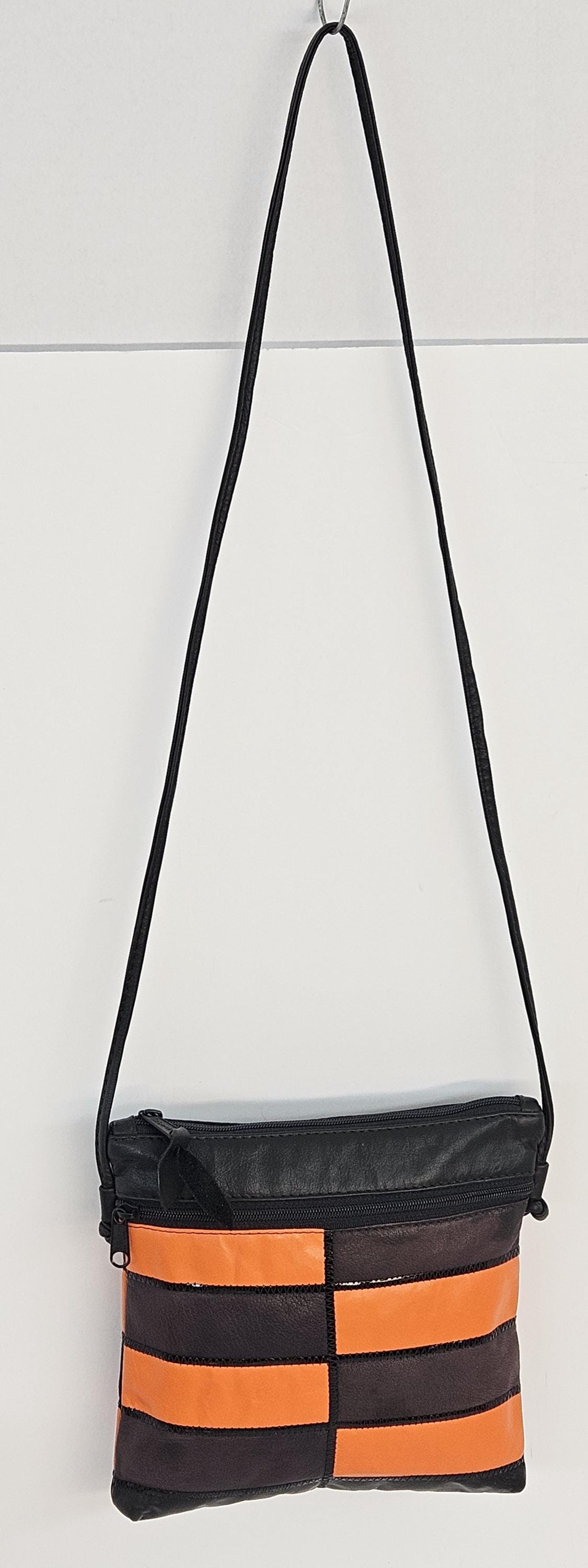 Zigzag Leather Crossbody Bag: Black, Orange & Brown - Made in USA