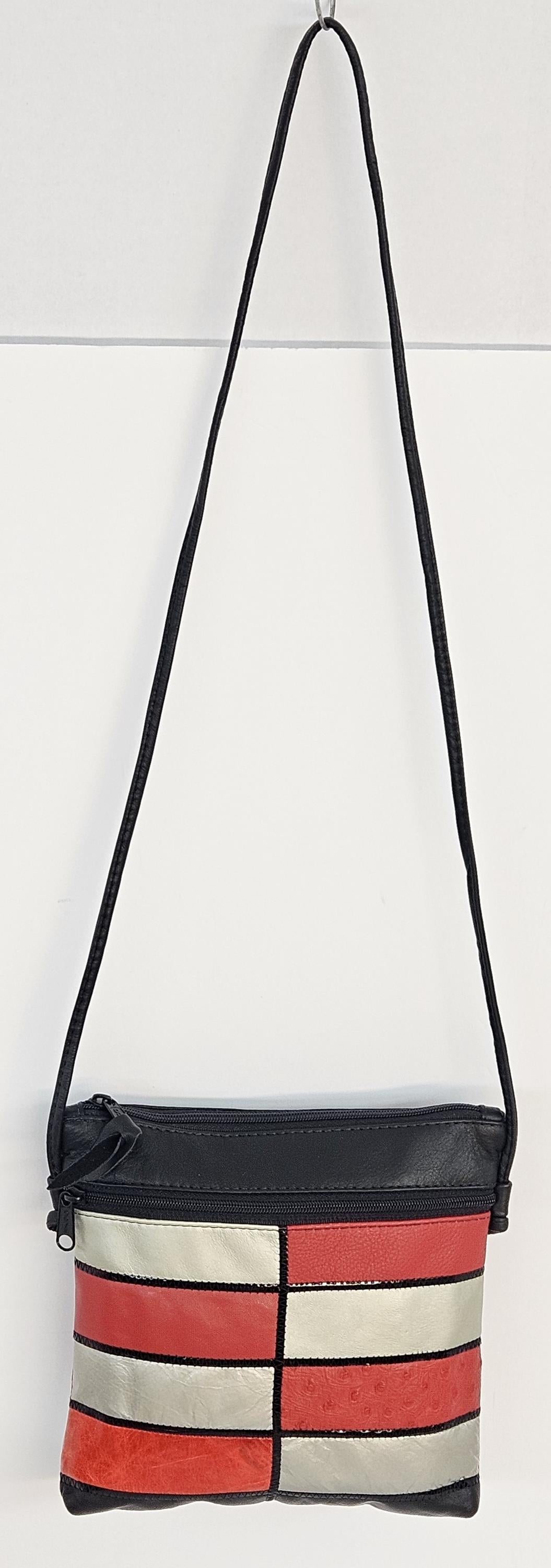 Genuine Leather Crossbody Handbag: Black, Gray & Red Zigzag Design - Made in USA