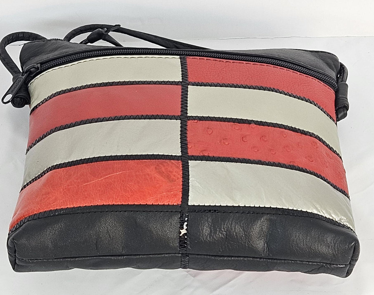 Genuine Leather Crossbody Handbag: Black, Gray & Red Zigzag Design - Made in USA