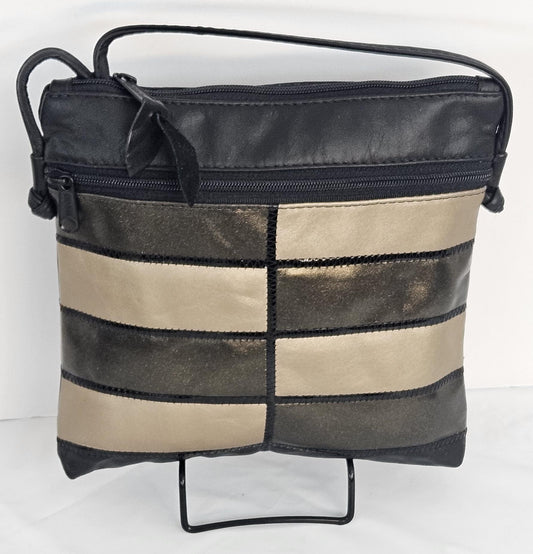 Leather Crossbody Bag: Black Pewter Metallic Zigzag, Made in USA