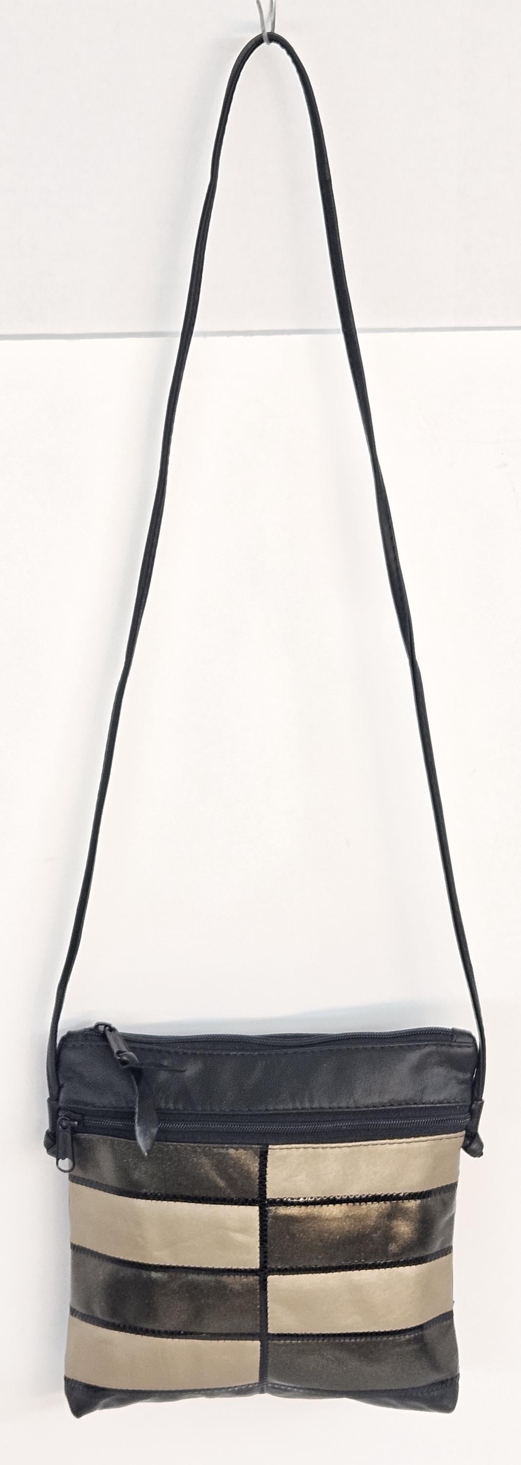 Leather Crossbody Bag: Black Pewter Metallic Zigzag, Made in USA