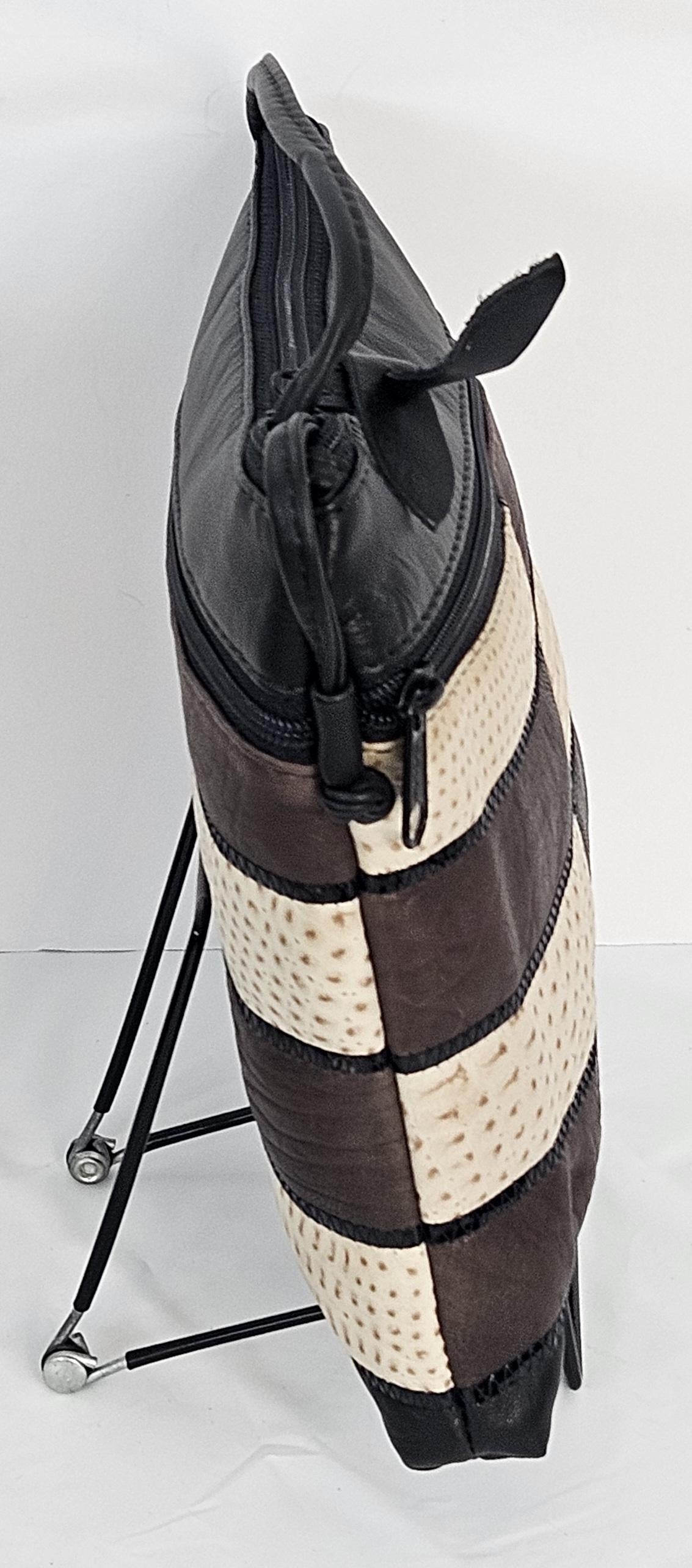 Leather Crossbody Handbag: Black, Beige & Brown Zigzag Design (Made in USA)
