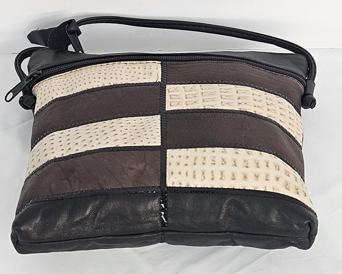 Leather Crossbody Handbag: Black, Beige & Brown Zigzag Design (Made in USA)