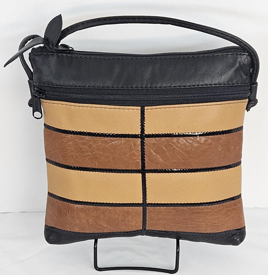 Genuine Leather Crossbody Handbag: Black, Camel & Brown Zigzag Design
